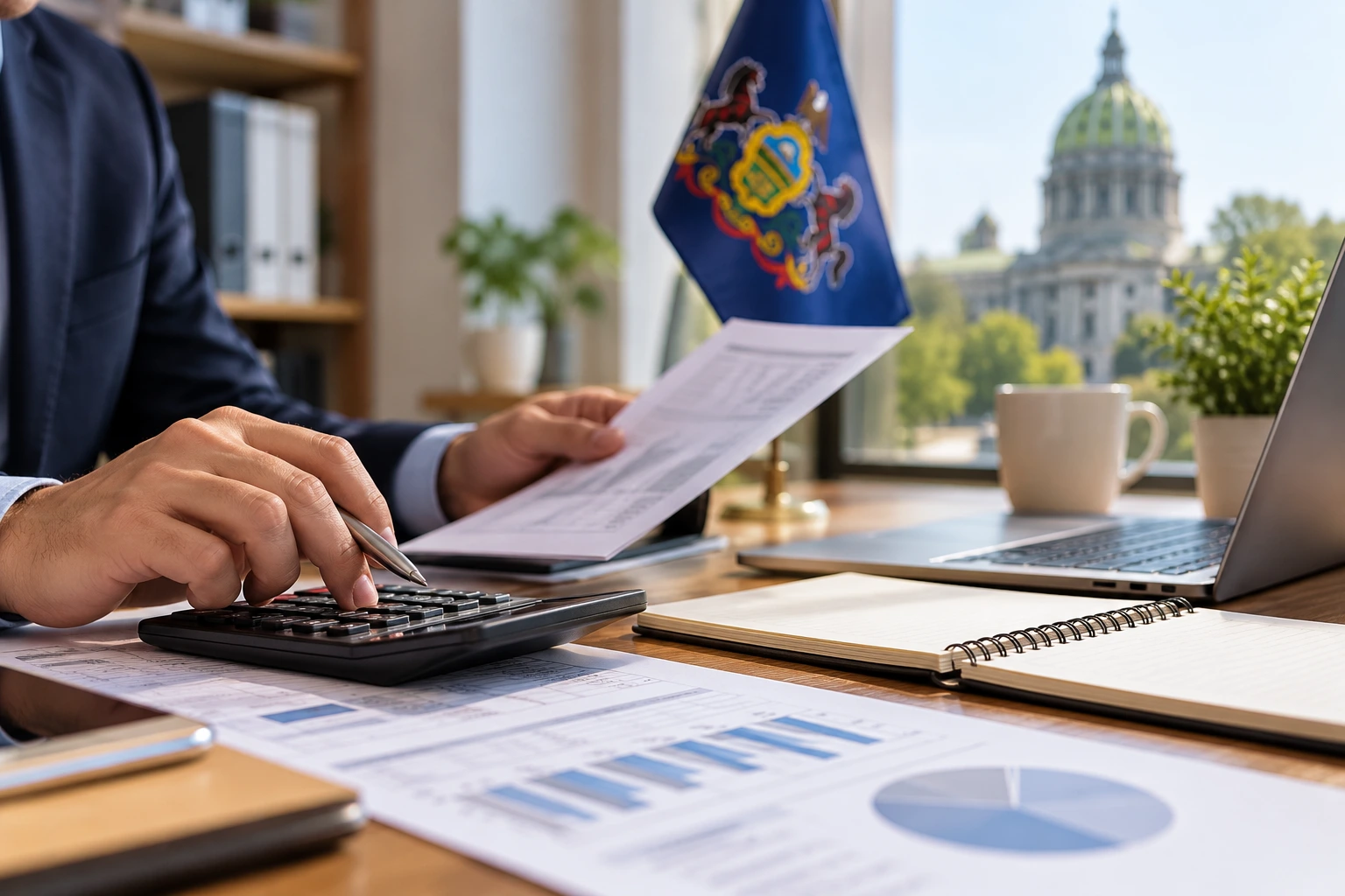 Financial professional calculating figures for Quarterly Estimated Tax Payments filing.
