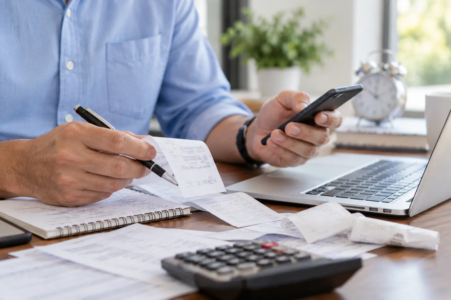 Individual reviewing receipts with laptop and calculator for Tax Preparation in Williamsport, PA.
