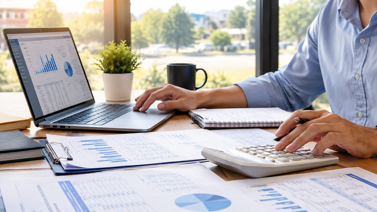 Professional using calculator and laptop for small business tax preparation filing.